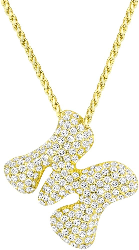 Apsvo A-Z Bubble Letter Necklace Gold, Balloon Initial Necklaces Rhinestone Letter Alphabet Penda... | Amazon (US)
