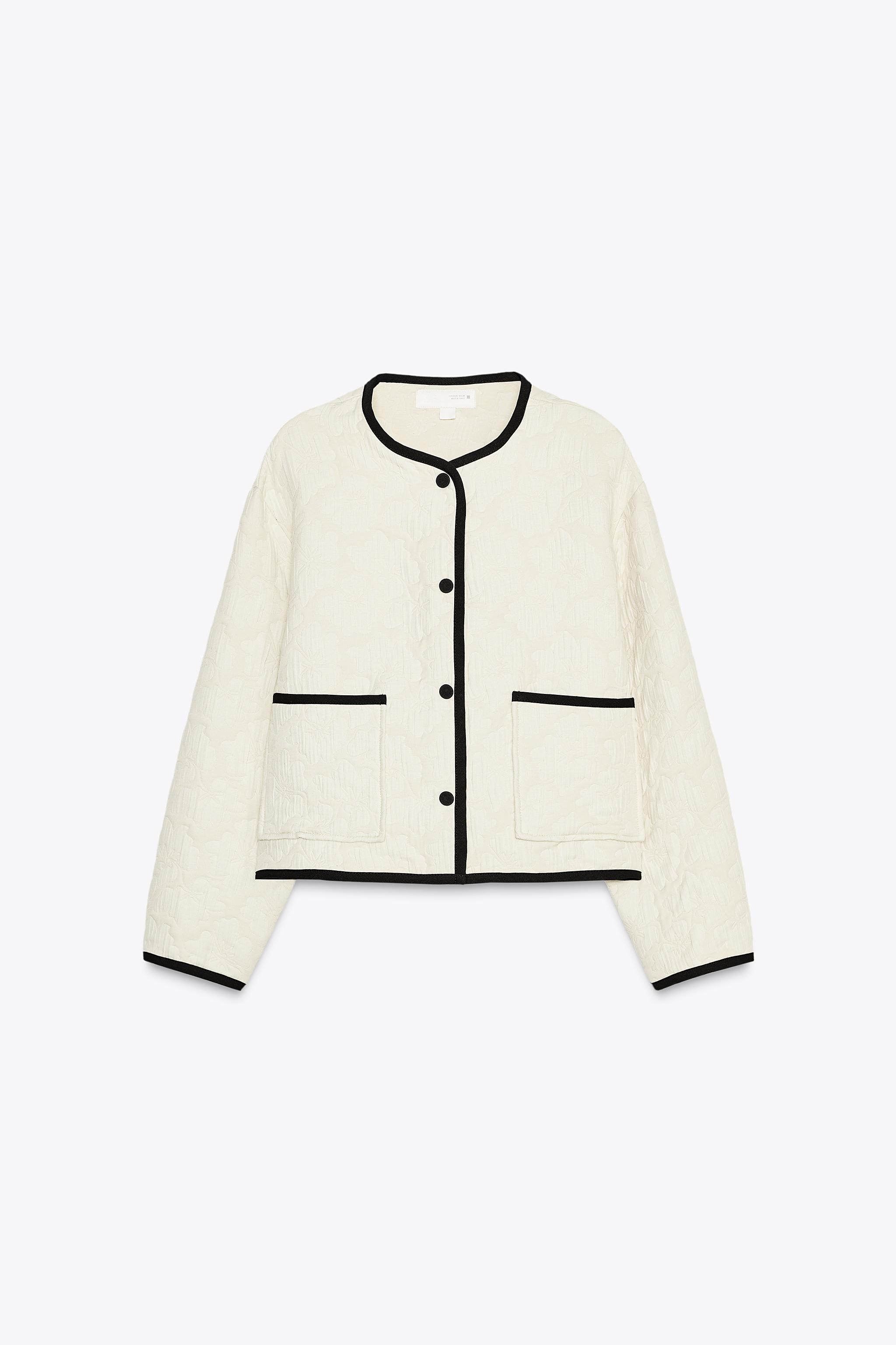Round neck, long sleeve jacket. Contrasting trim detail and flower-shaped stitching. Front patch ... | Zara US