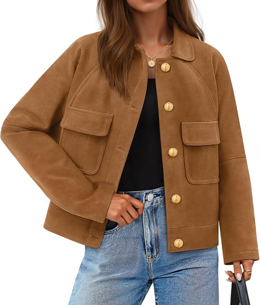 ZESICA Womens 2026 Spring Faux Suede Cropped Jackets Coats Casual Button Down Barn Vintage Trendy... | Amazon (US)
