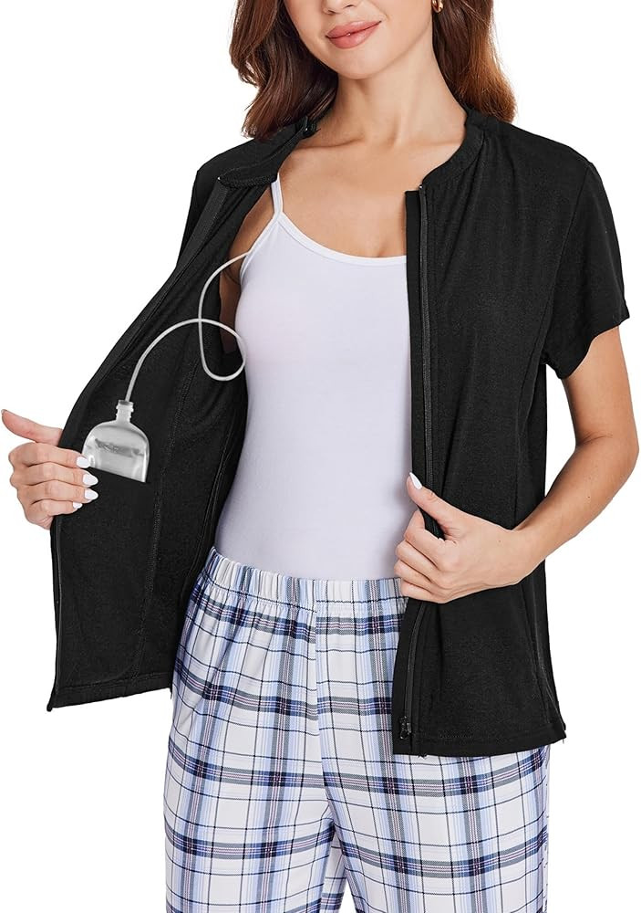 Deyeek Mastectomy Shirts with Drain Pockets Post Shoulder Surgery Tops for Women Chemo Port Short... | Amazon (US)
