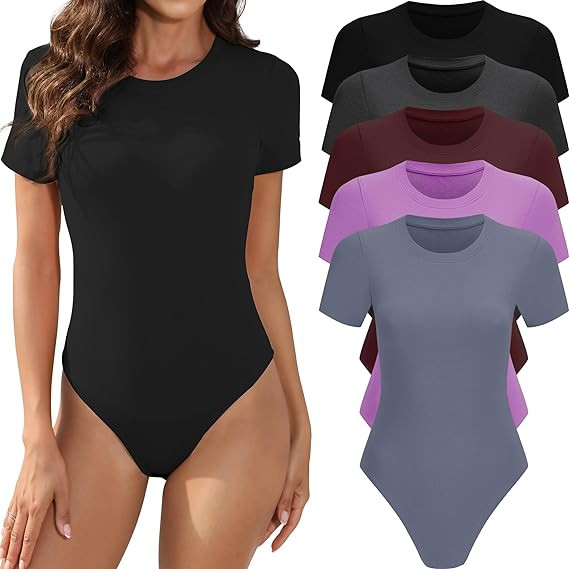 5 Pack Body Suits for Womens Short Sleeve Round Neck Casual Stretchy Basic T Shirt Bodysuit Tops | Amazon (US)