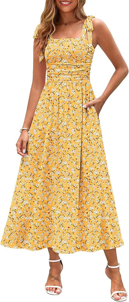 Zattcas Floral Spaghetti Strap Smocked Flowy Maxi Dress Sundresses | Amazon (US)
