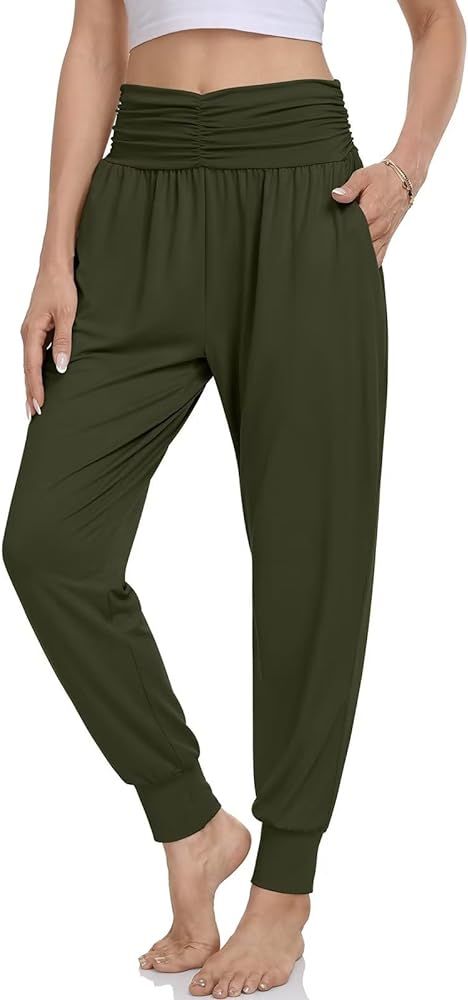 UEU Women's Harem Casual Loose Pants Comfy High Waisted Yoga Joggers Flowy Lounge Pajamas Sweatpants | Amazon (US)