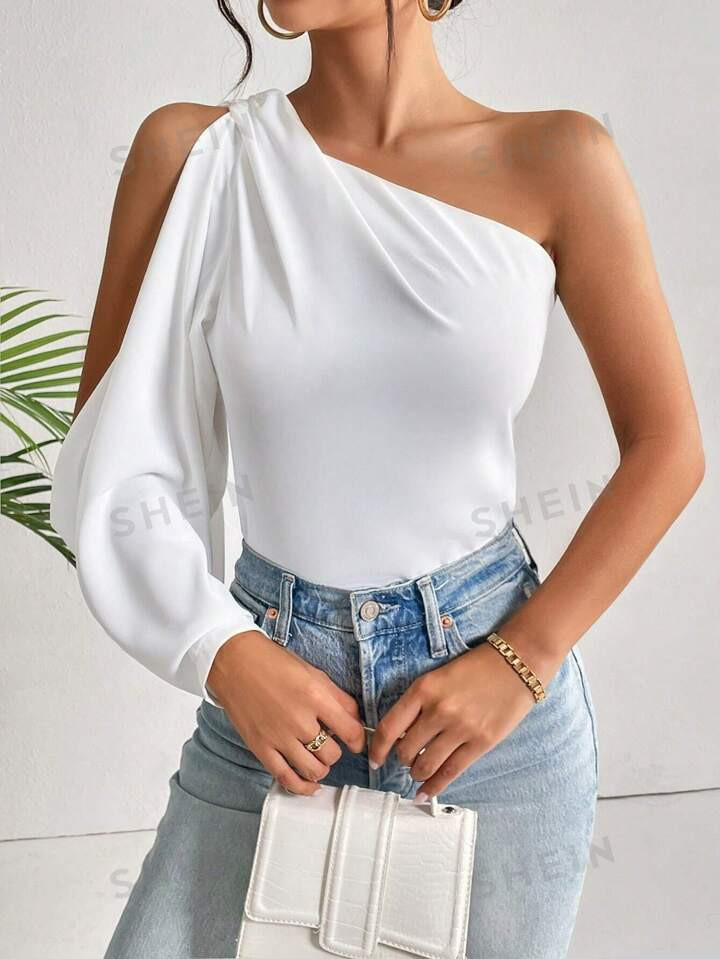 SHEIN Privé One Shoulder Lantern Sleeve Solid Blouse | SHEIN