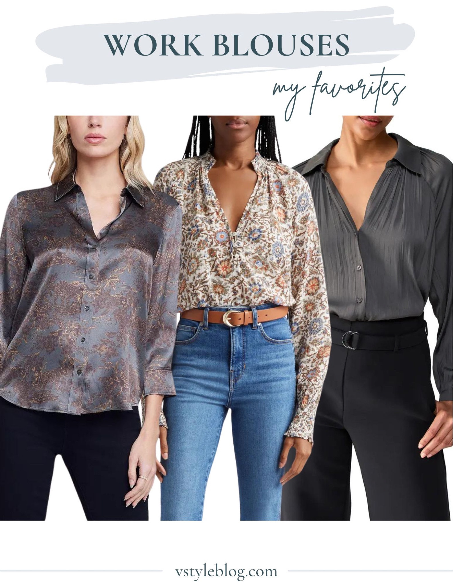 Workwear, best work blouses: L’AGENCE silk blouse, Veronica Beard floral blouse, and Sanctuary sateen blouse.

#LTKfindsunder100 #LTKworkwear