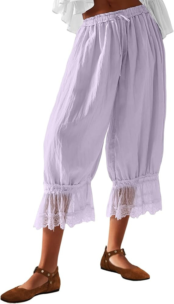 Carpi Ballon Pants for Women Ruffle Bloomers Lace Trim Y2k Pantaloons Mid Rise Cropped Pants Vint... | Amazon (US)