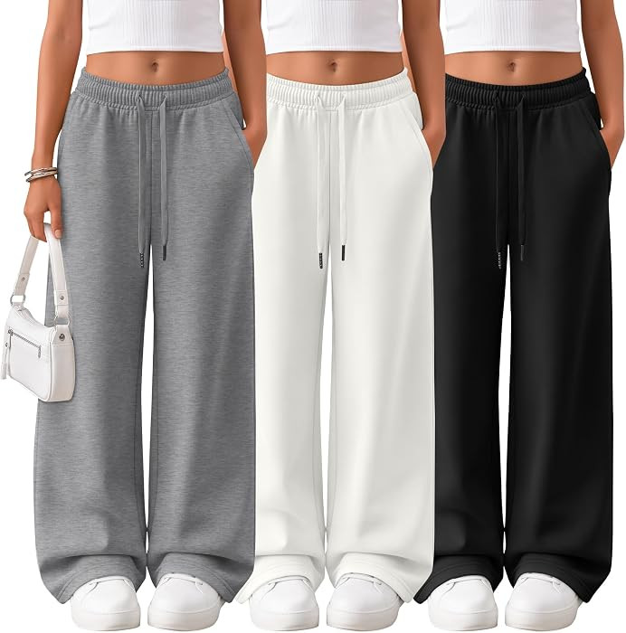 3Pcs Girls Wide Leg Sweatpants with Pockets Drawstring | Amazon (US)
