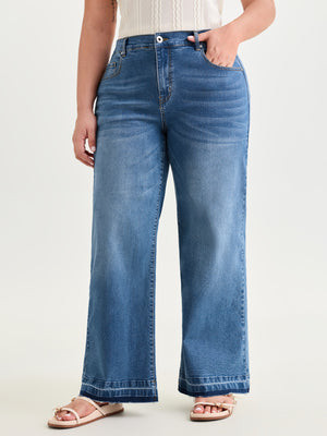 Stretchy Back Elastic Waist Wide Leg Jeans | Bloomchic