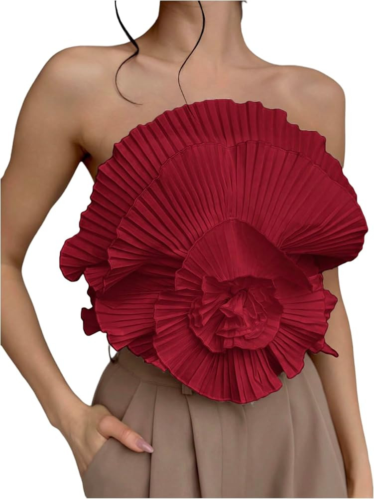 OYOANGLE Women's 3D Flower Decor Strapless Sleeveless Bandeau Top Slim Fit Solid Cropped Tube Top... | Amazon (US)