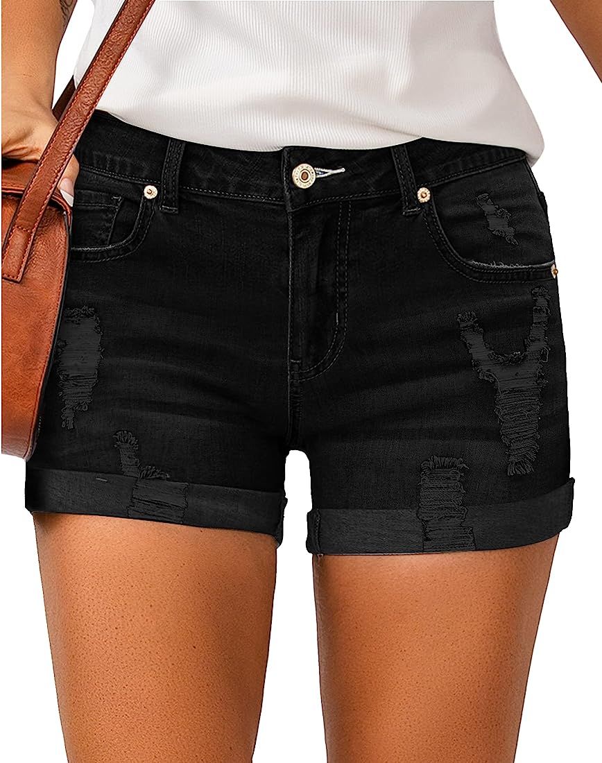 LookbookStore Women's High Waisted Rolled Hem Distressed Jeans Ripped Denim Shorts | Amazon (US)