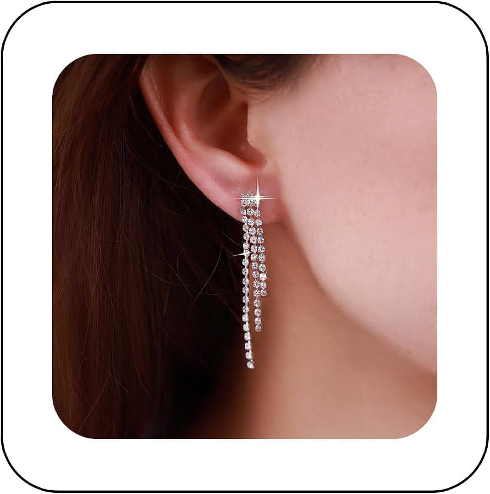 Andelaisi Boho Rhinestone Tassel Earrings Silver Long Crystal Chain Earrings Long Crystal Cz Drop... | Amazon (US)