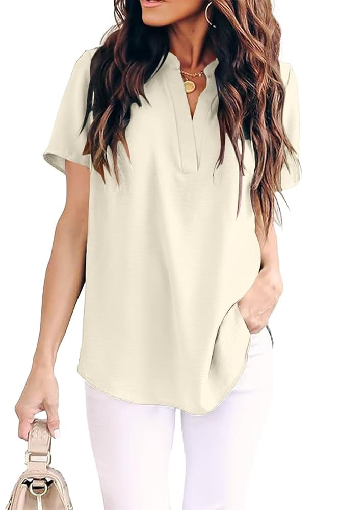 Allimy Women Summer Casual Split V Neckline Chiffon Blouses Loose Tunic Short Sleeve Tops | Amazon (US)