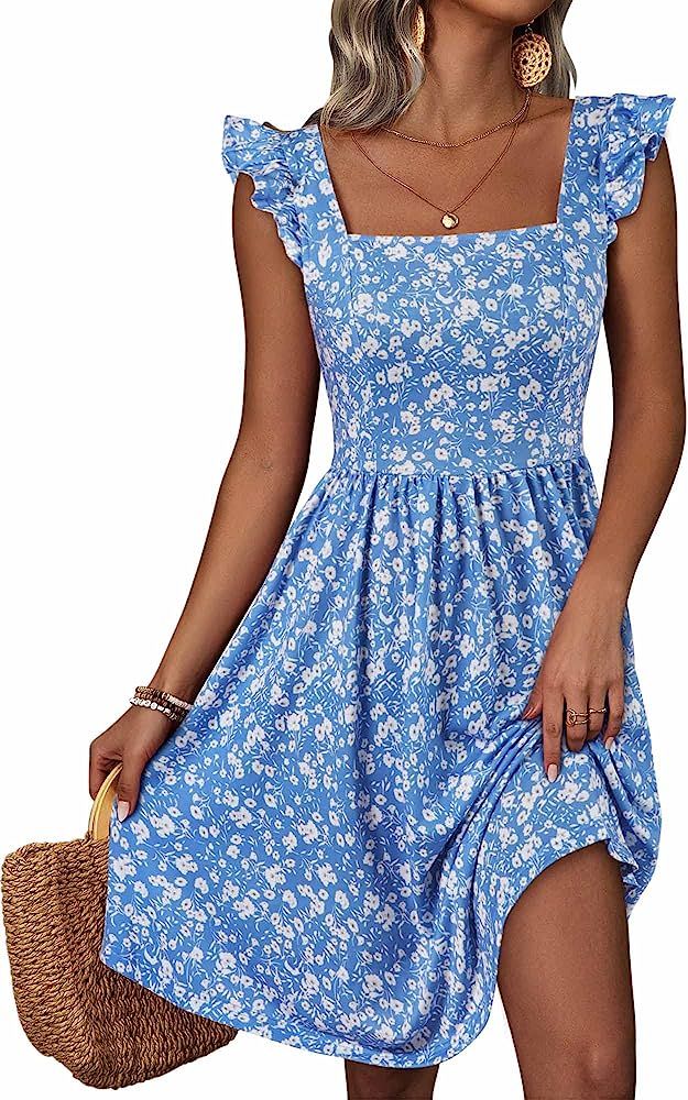 Loemes Summer Cute Floral Flowy Knee Length Sundressses Beach Dress for Women 2024 | Amazon (US)