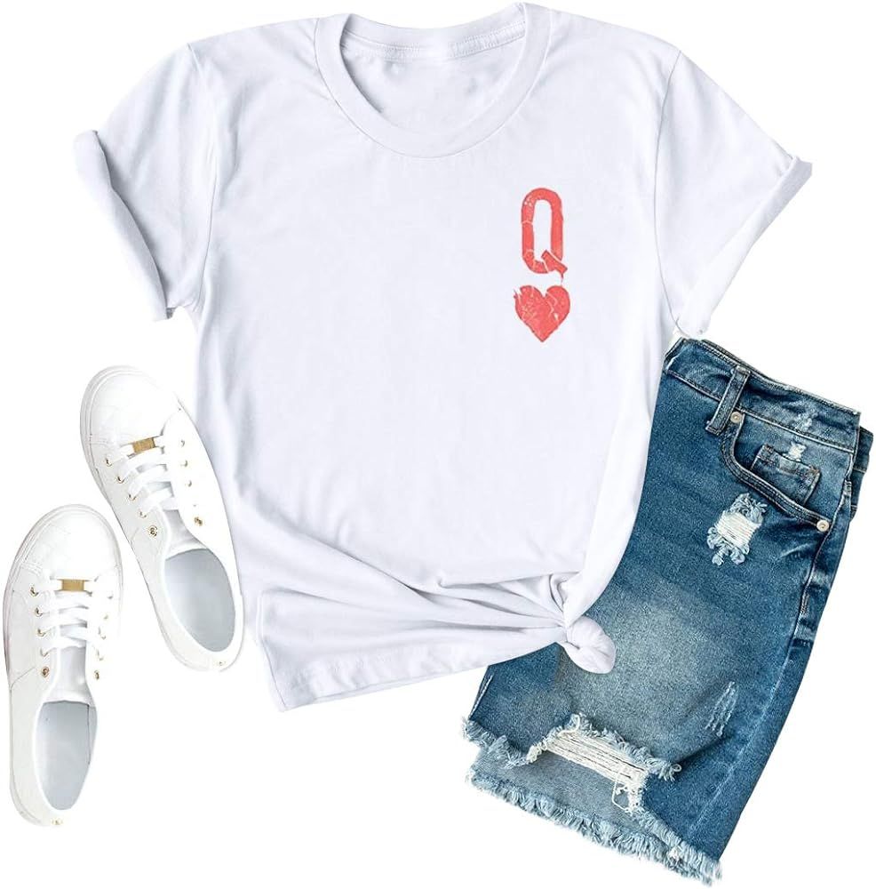 Anbech Womens Q of Hearts Shirt Cute Graphic Tees Casual Short Sleeve Crew Neck Tops | Amazon (US)