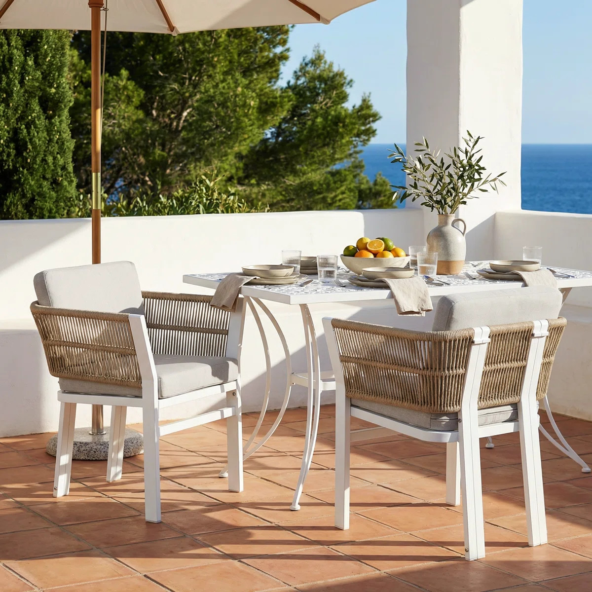 Liora Modern Aluminum Outdoor Dining Chair with Rope-Woven Detail and Water-Repellent Cushions (S... | Wayfair North America
