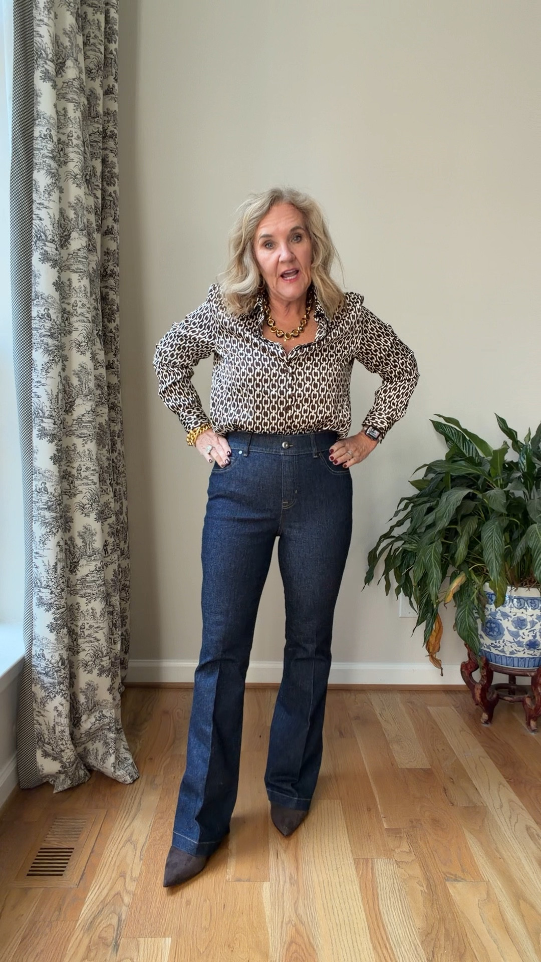 A few pair of spanx jeans are on sale today only for $99 and then I have an extra 25% off code WEAR25

I wear a size petite medium

Satin silky blouse from Nordstrom rack. I love the chain-link design wearing a medium.
Chocolate suede booties a size up a half to accommodate the pointed toe

#LTKSaleAlert #LTKPetite #LTKOver40