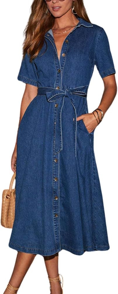 utcoco Women's Denim Shirt Dress with Belt Elegant Short Sleeve Button Down Midi Dress with Pocke... | Amazon (US)