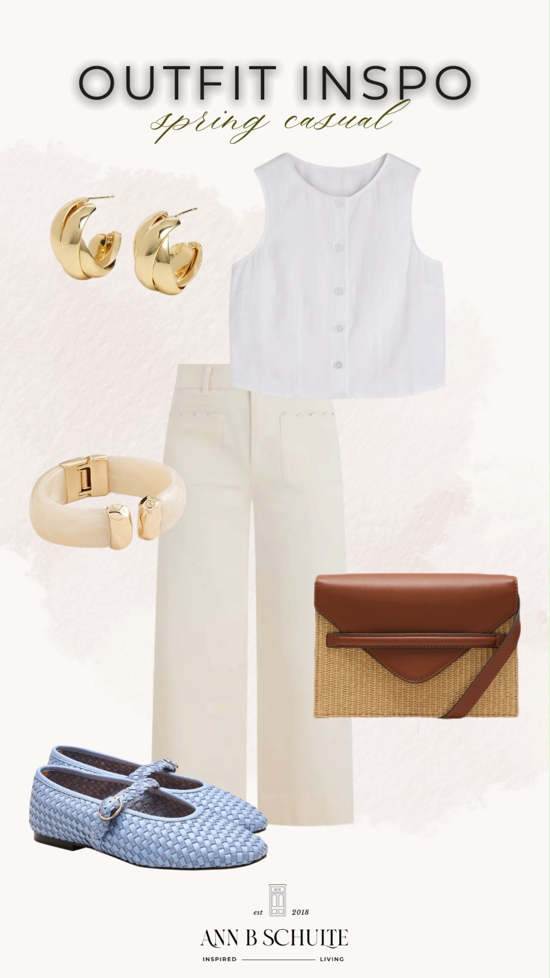 Linen shell and wide-leg pants make casual feel intentionally chic. Raffia crossbody, hoops, and a carved cuff add warm texture and charm. Ballet flats finish the look with easy grace. ✨🌿👟

#LTKStyle #SpringCasual #OOTD #WideLegPants #LinenTop #RaffiaBag #HoopEarrings #EverydayChic #FashionBlogger #NeutralStyle 

 #LTKootd