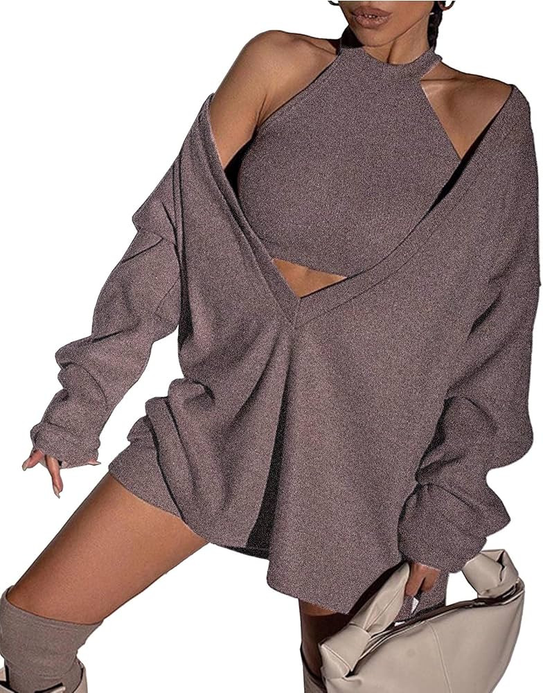 ECDAHICC Women's Two Piece Outfits Knitted Halter Neck Crop Tank Tops and Oversized Off Shoulder ... | Amazon (US)