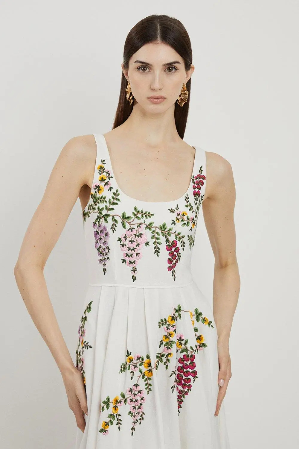 Floral Embroidered Cotton Linen Woven Prom Dress | Karen Millen | Karen Millen