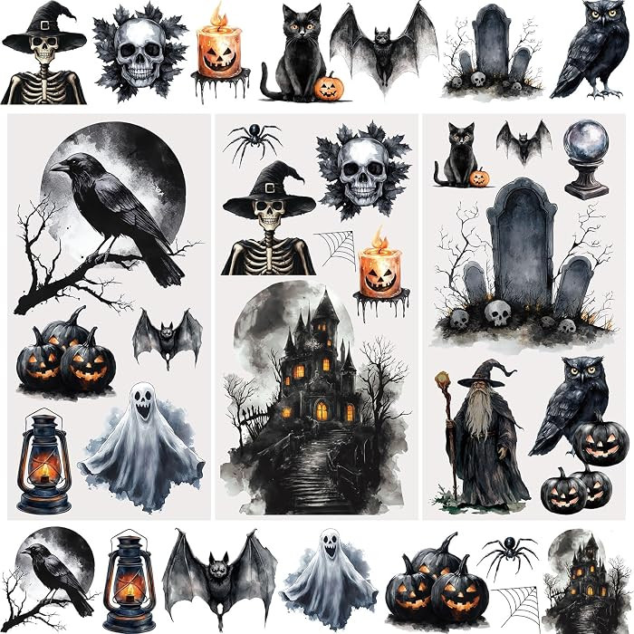WANDIC Rub on Transfer Stickers,3 Sheets Halloween Black Transfers Party Gift Box Decor Decals fo... | Amazon (US)