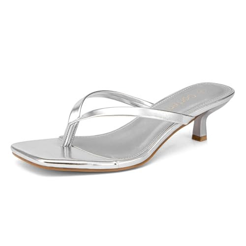 Gorfen Women's Silver Kitten Heel Sandals Square Toe Flip Flop Beach Heels Comfort Silvery 9.5 | Amazon (US)
