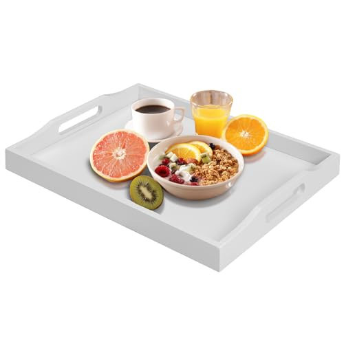 Bamboo Food Serving Tray with Handles, Breakfast Bed Tray for Tea,Snack,Dinner, Home Decorative Storage Food, Platter, Ottoman for Kitchen Counter, Bathroom, Restaurant (White) | Amazon (US)