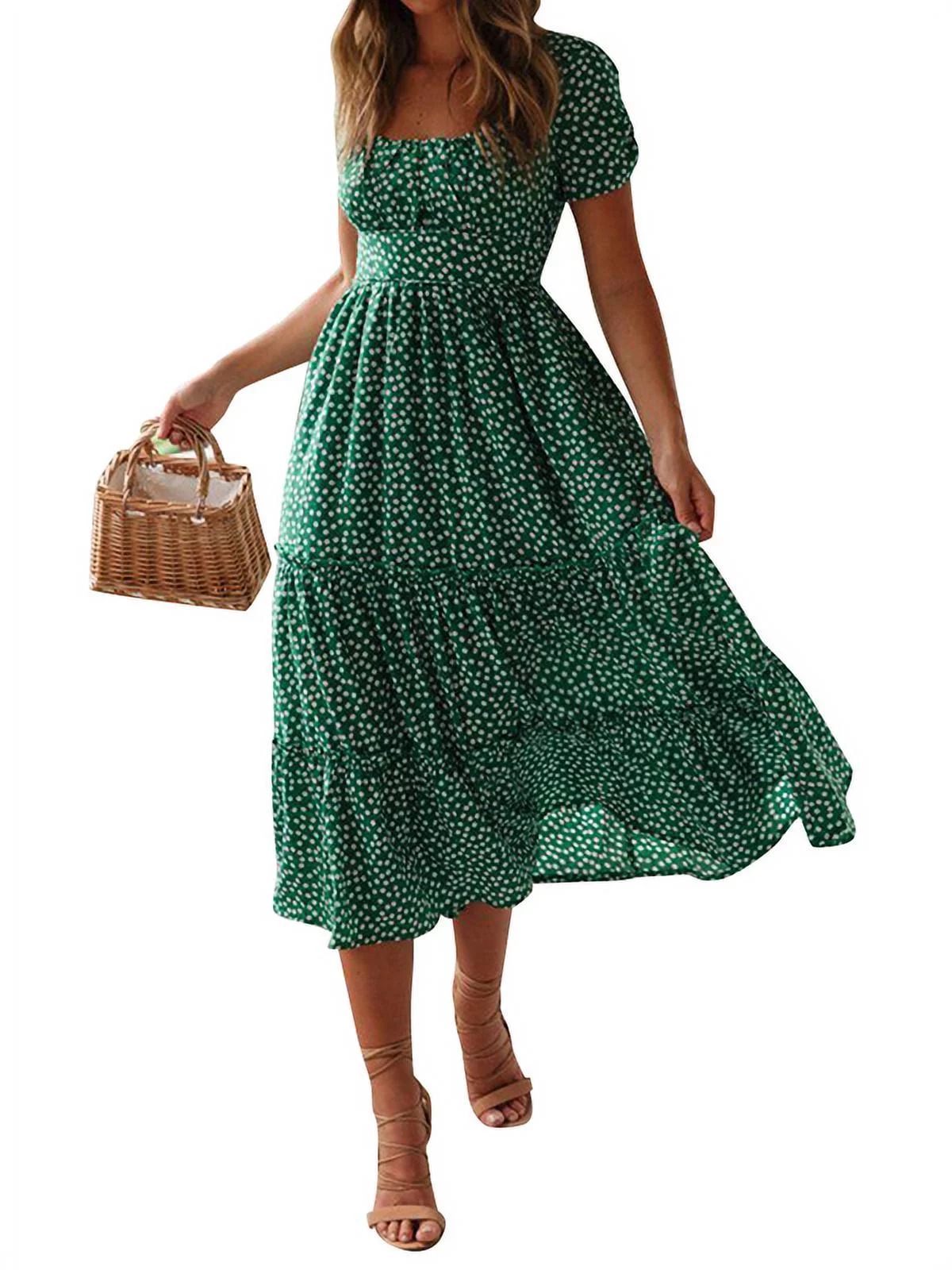 Julycc Womens Boho Floral Dress Summer Short Sleeve Maxi Dress | Walmart (US)