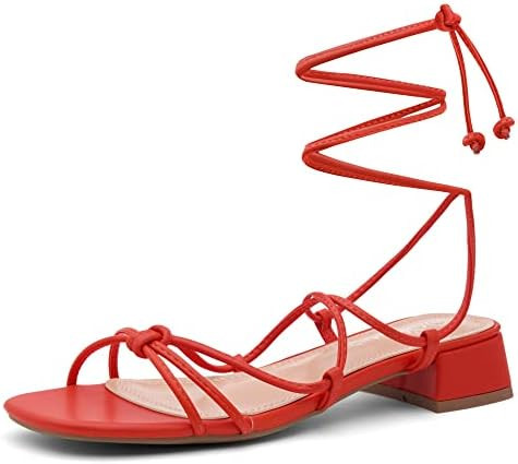 Shoe Land SL-Danica Women's Lace-Up Chunky Low Heels, Strappy Ankle Wrap Heeled Sandals, Square O... | Amazon (US)