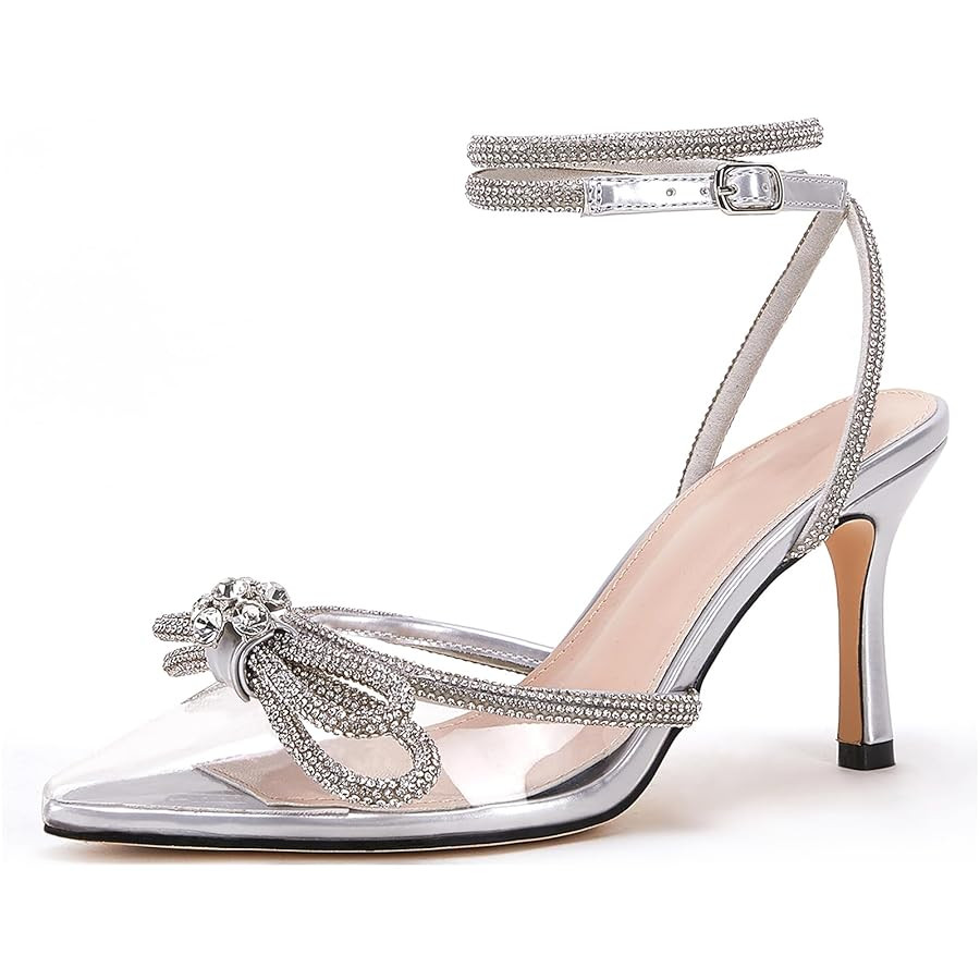 VETASTE Women's Double Bow Pointed Toe Ankle Strap Crystal Pumps Wedding Bridal Party Stilettos B... | Amazon (US)