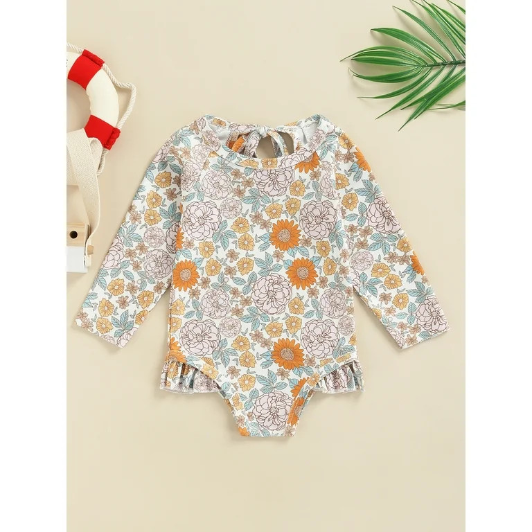 TheFound Baby Toddler Girl Long Sleeve Swimsuit Rashguard Swimwear Ruffled One Piece Bathing Suit | Walmart (US)