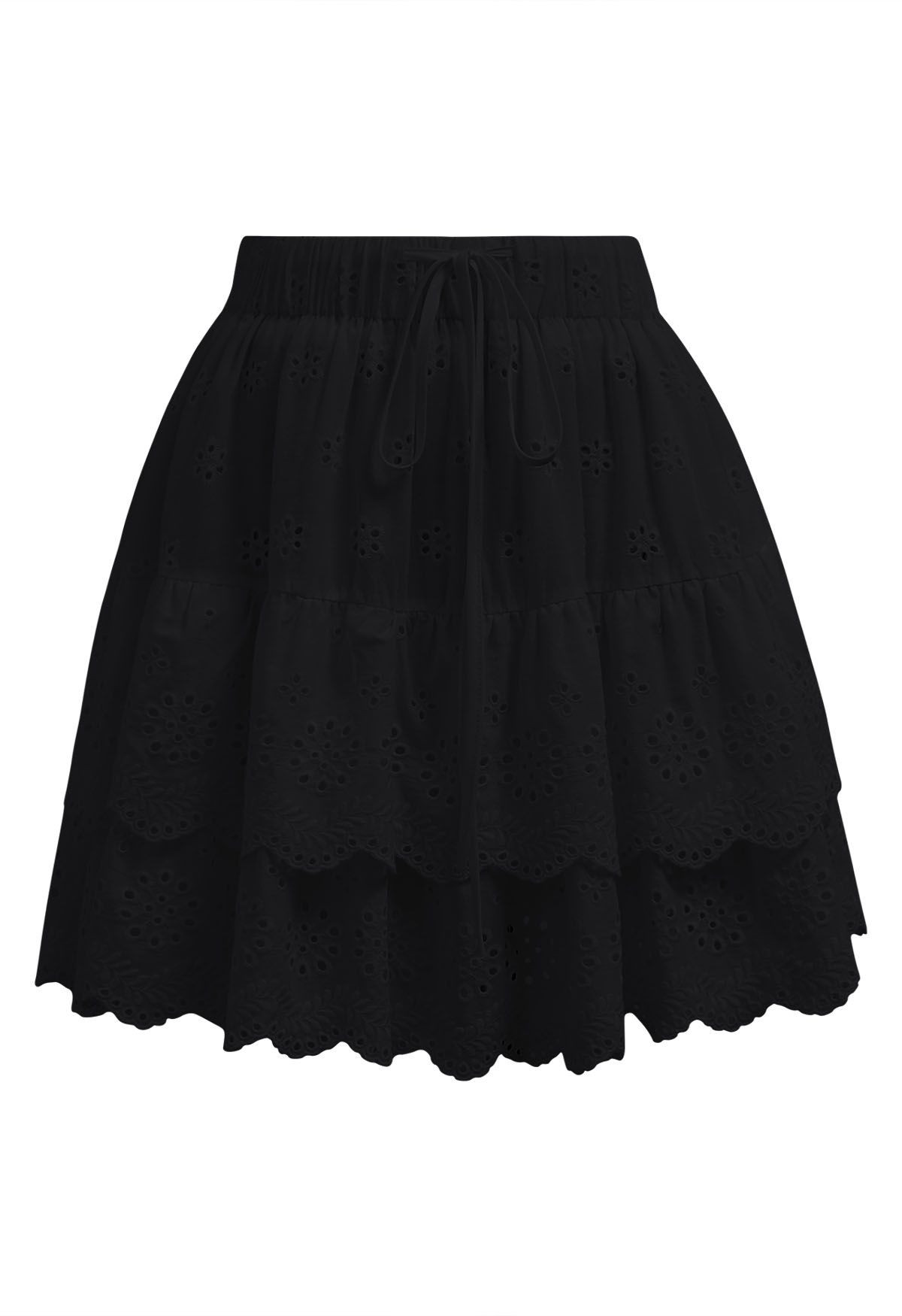 Eyelet Embroidery Tiered Mini Skirt in Black | Chicwish