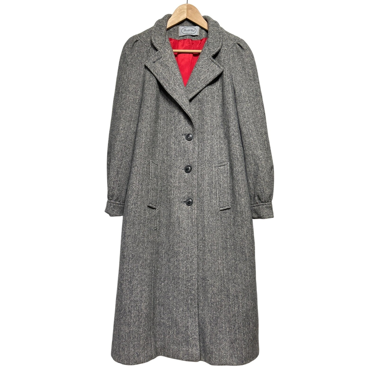 VTG Freddi Gail Wool Blend Herringbone Trench Coat Gray Red Lined Women's SM | eBay US