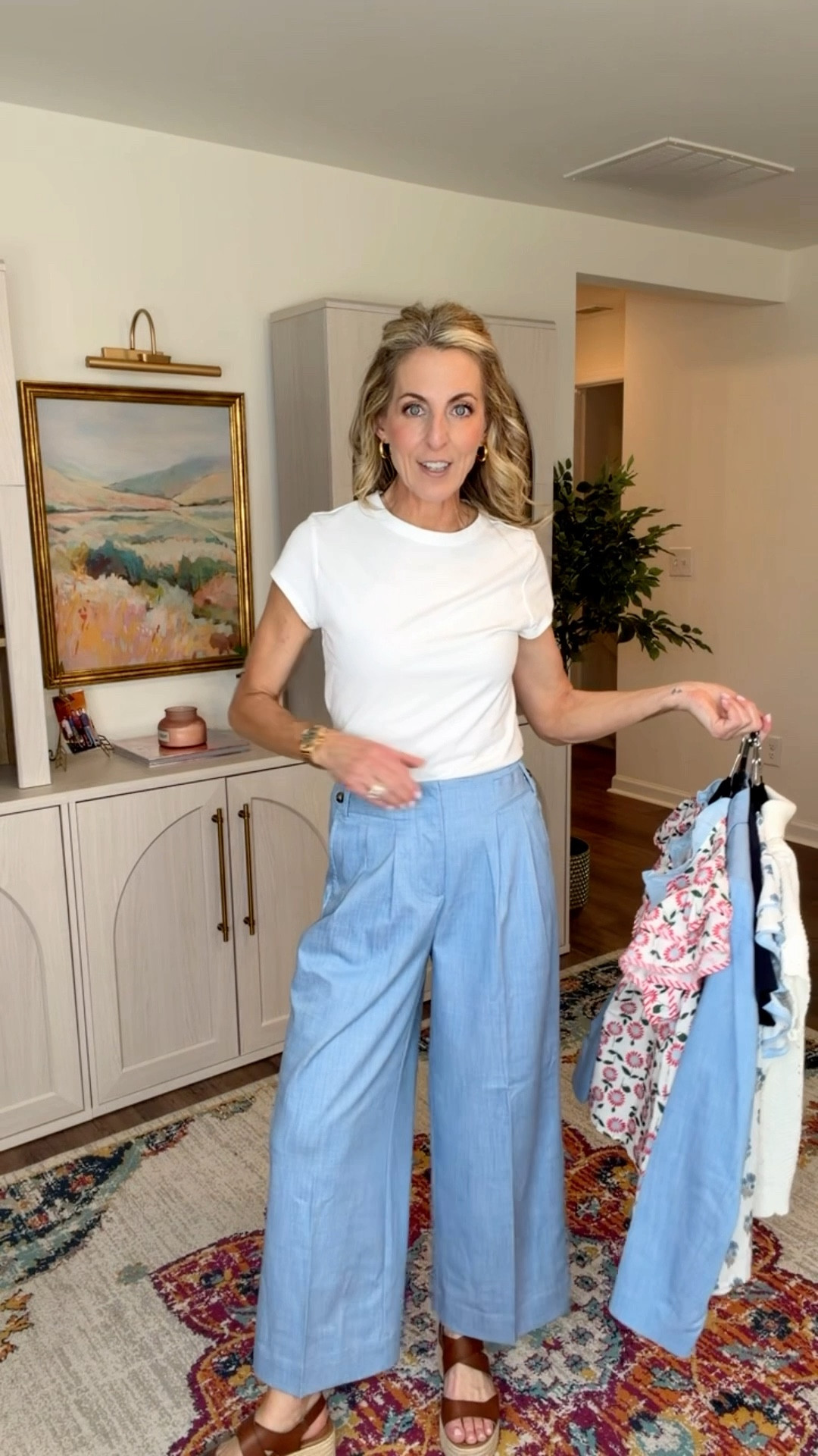 Grab these NOW. You said you wanted work pants, and I found the best pair and linked up so many tops to match them… 

These wide-leg pants just FINALLY hit the site and are such a hero piece for your wardrobe. They’re high-rise, cropped, breezy, flattering, and comfortable enough for all-day wear. Perfect for workdays or weekends, and so easy to pair with any top or the matching blazer. Wearing a size XS in both pants and blazer …. R. U. N. 🙌🏼