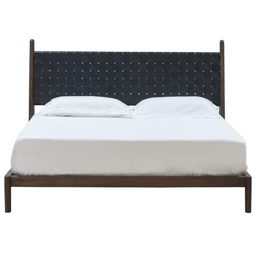 Darcie Mid Century Brown Teak Woven Leather Headboard Bed - Queen | Kathy Kuo Home