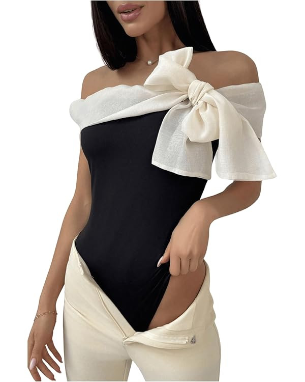MakeMeChic Women's Colorblock Off Shoulder Bow Tops Short Sleeve Bodysuit Y2k Fitted Leotard | Amazon (US)