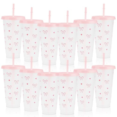 12Pcs 24 oz Pink Bow Plastic Cups with Straw and Lid, Reusable Coquette Bow Tie Cold Cups for Wedding Baby Shower Birthday Party Decor | Amazon (US)