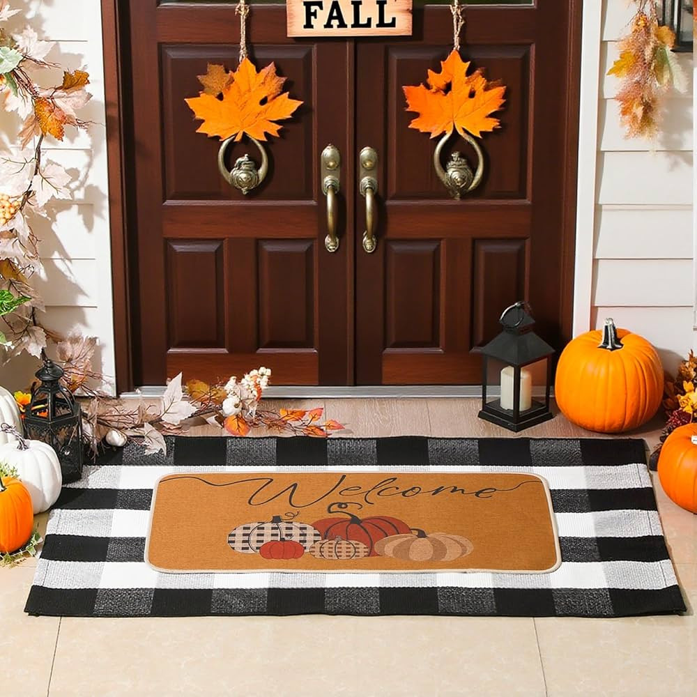 Dunzy 2 Pcs Fall Welcome Mat Outdoor Pumpkin Doormat 17x30 & Black White Plaid Entrance Rug 28x43... | Amazon (US)