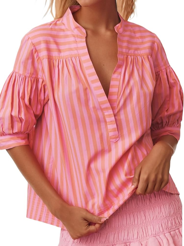 Womens Short Puff Sleeve Striped Blouses Top V Neck Loose Fit Casual Summer Work Blouses Striped ... | Amazon (US)