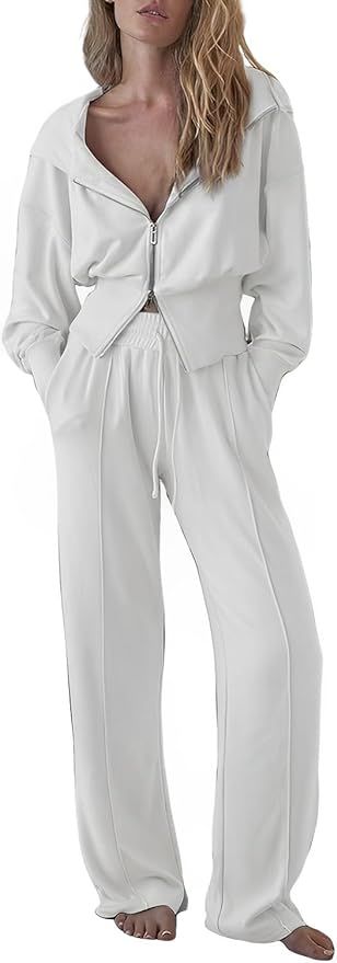 Womens 2 Piece Outfits Tracksuit Set Long Sleeve Zipper Workout Hoodie Jacket with Sweatpants Swe... | Amazon (US)