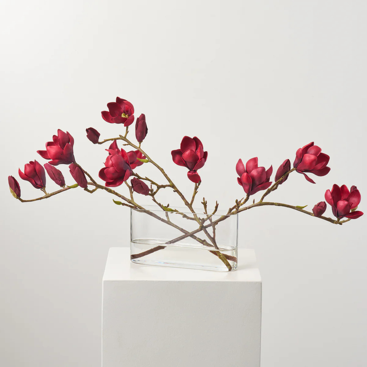Burgundy Red Bloomin Magnolia Branches in Modern Oval Pocket Vase Everyday Fall Water Illusion Ar... | Darby Creek Trading