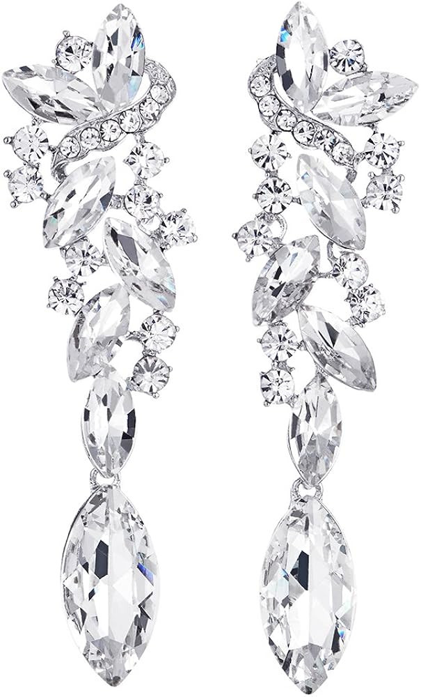 Art Deco Wedding Bridal Party Rhinestone Marquise Cluster Chandelier Long Dangle Statement Earrin... | Amazon (US)