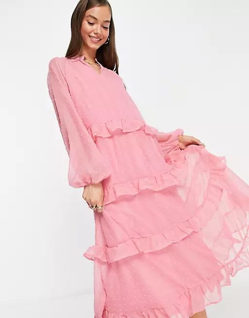Vila chiffon midi dress with tiered skirt detail in pink | ASOS (Global)
