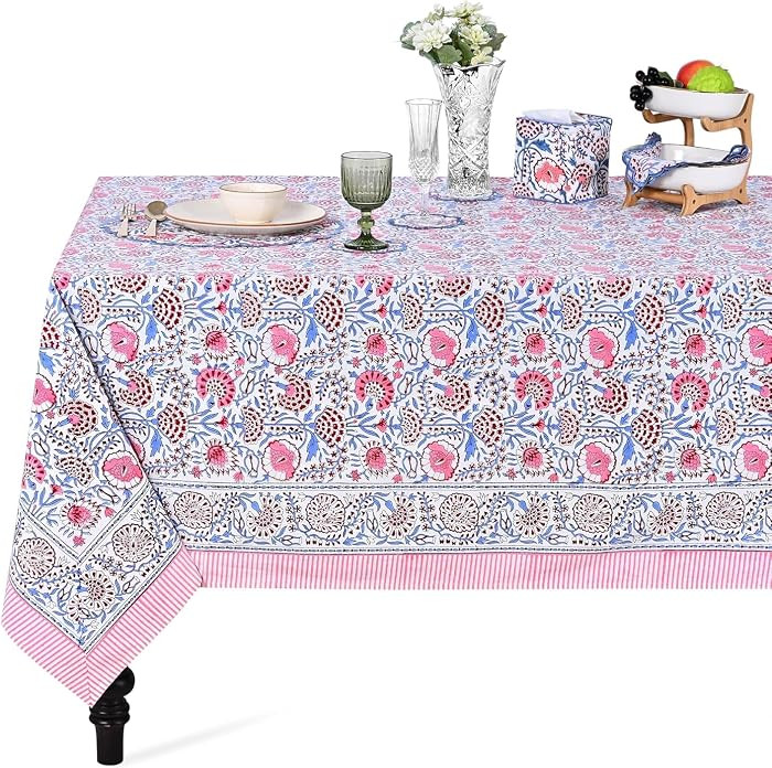 Pigeon Blue and Flamingo Pink Hand Block Print Cotton Rectangle Tablecloth 108" x 70" inches Reus... | Amazon (US)