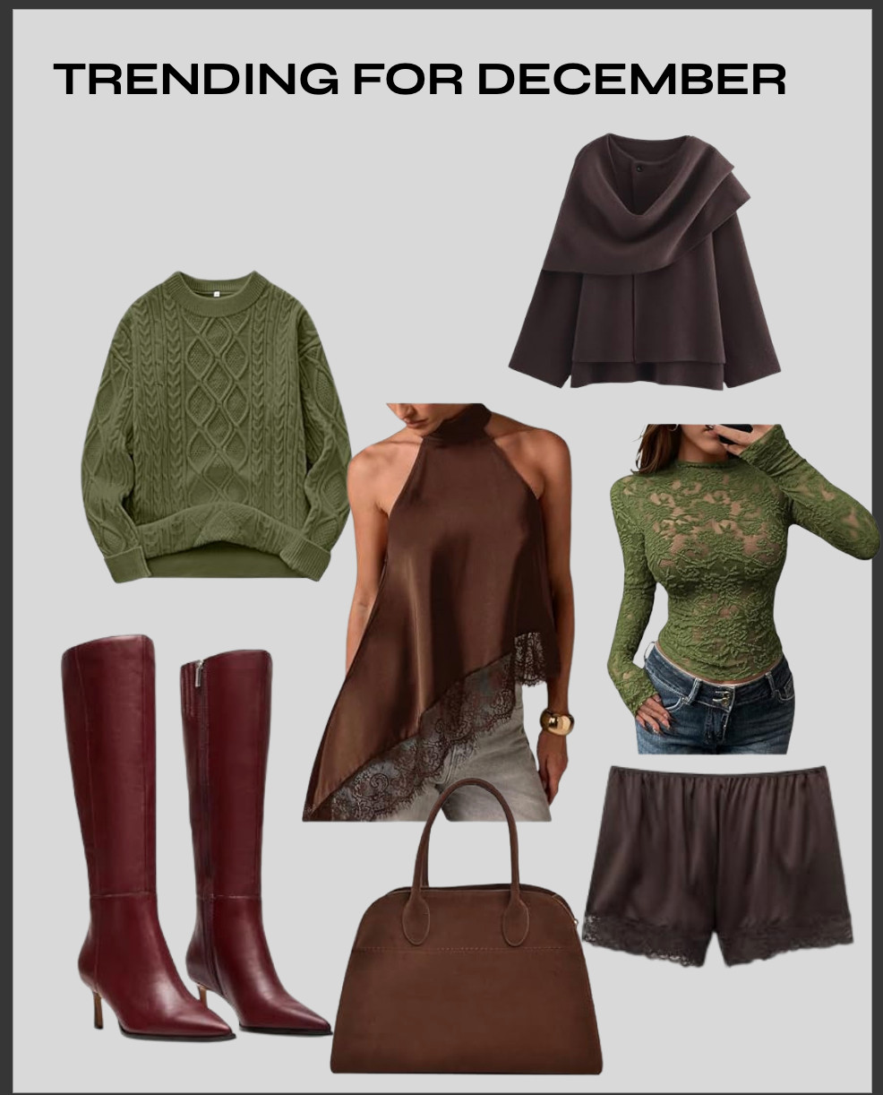 Trending for December 
Colors of the season: chocolate brown, burgundy, and green
#decemberoutfits #amazonmusthaves #winterfashion #cozyoutfits  

 #LTKgrwm #LTKootd #LTKTravel