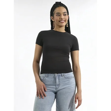 No Boundaries Cotton Stretch Ribbed Tee with Short Sleeves Women s XS-3XL | Walmart (US)