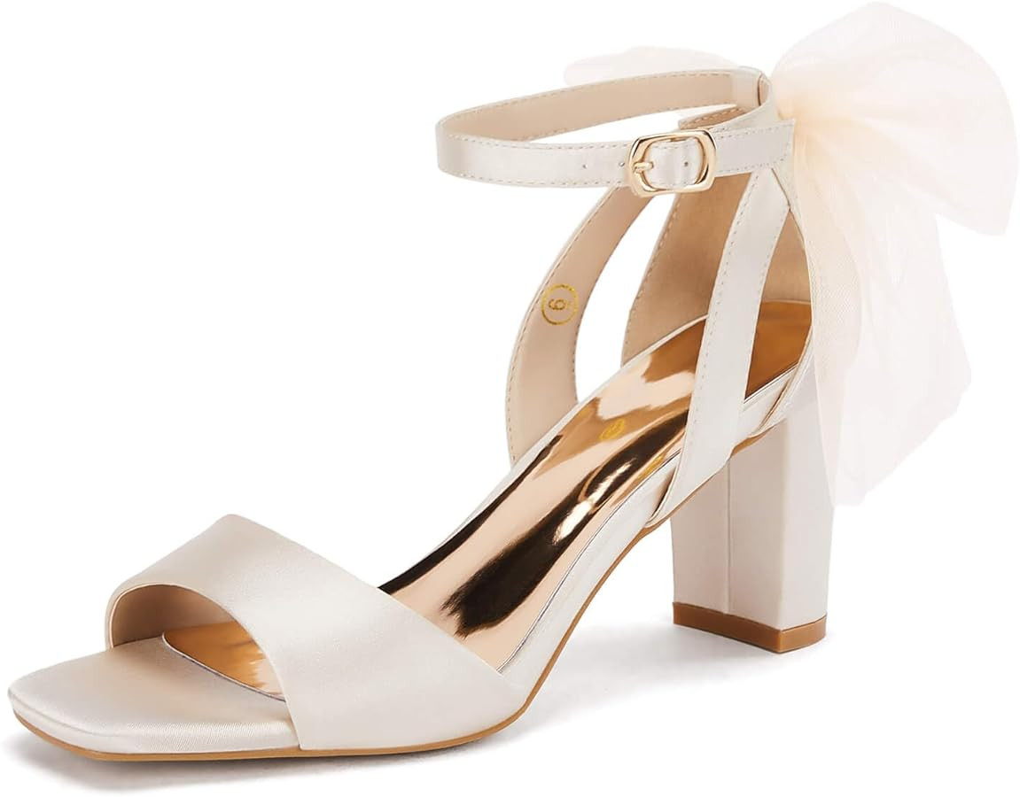 Coutgo Women's Bow Tie Heeled Sandals Chunky Heels One Strap Satin Ankle Buckle Dress Wedding Sho... | Amazon (US)