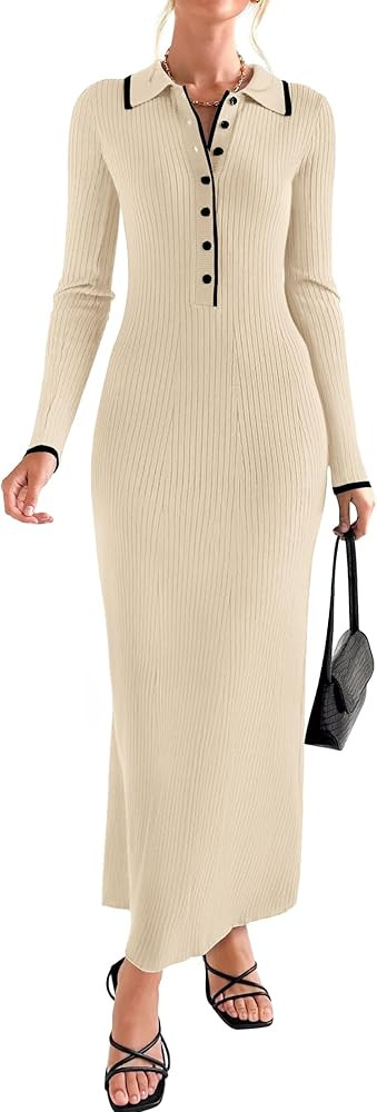 ZESICA Women's Long Sleeve Sweater Dress 2024 Fall V Neck Ribbed Knit Casual Formal Cocktail Body... | Amazon (US)