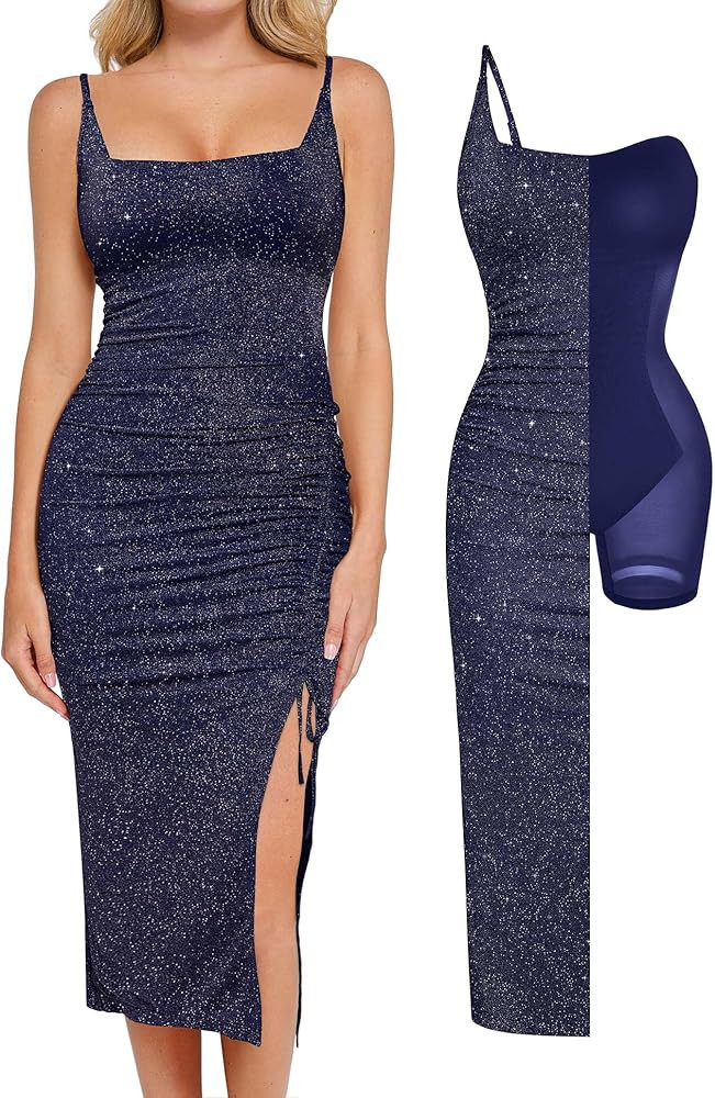 Popilush Shapewear Dress Sparkly Cocktail Dresses for Women Tummy Control Square Neck Ruched Form... | Amazon (US)