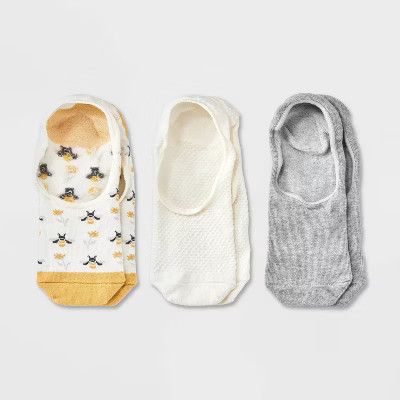 Women's Bee 3pk Liner Socks - A New Day™ Ivory/Gold/Heather Gray 4-10: Cotton Blend, Seamless Toe, Hidden Gel Heel Grip | Target